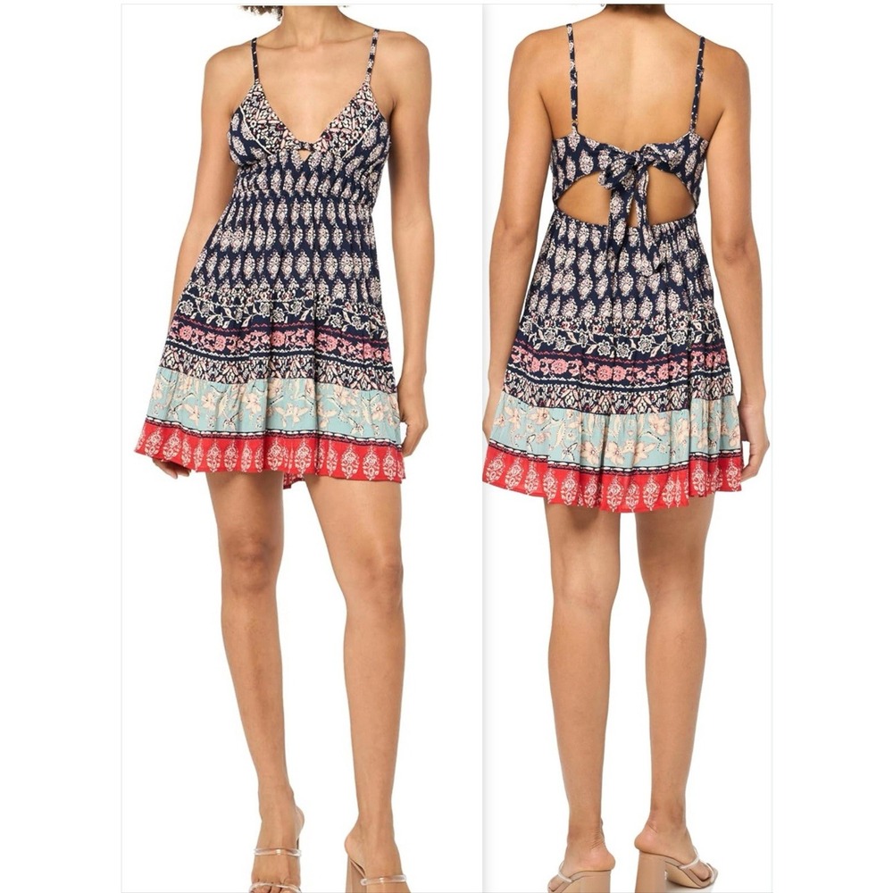 Angie Blue Multi Sz L ‎ Spaghetti Adjustable Straps Back Tie